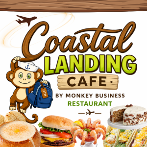 The image features the "Coastal Landing Cafe" logo, a cartoon monkey mascot, and food items like shrimp and desserts.