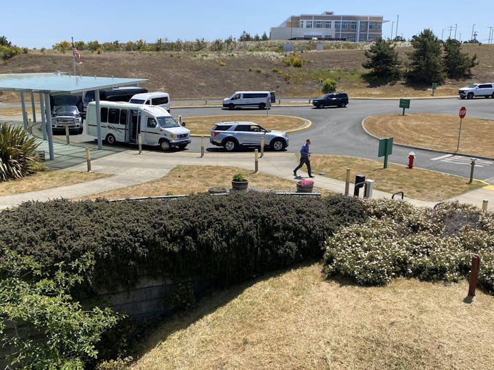 A sunny area with vehicles, a shuttle bus, a walking person, landscaping, and a building in the background.