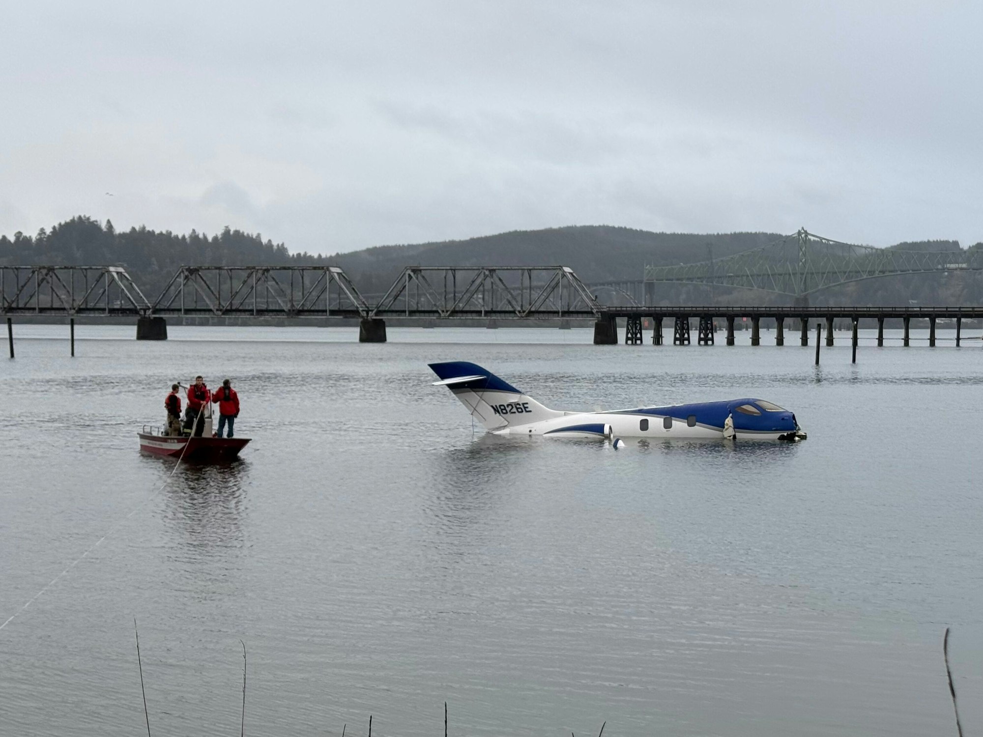 A small plane partially submerged in water near a bridge, with people on a nearby boat.