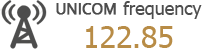 Logo and text referring to a UNICOM frequency of 122.85, commonly used in aviation communication.