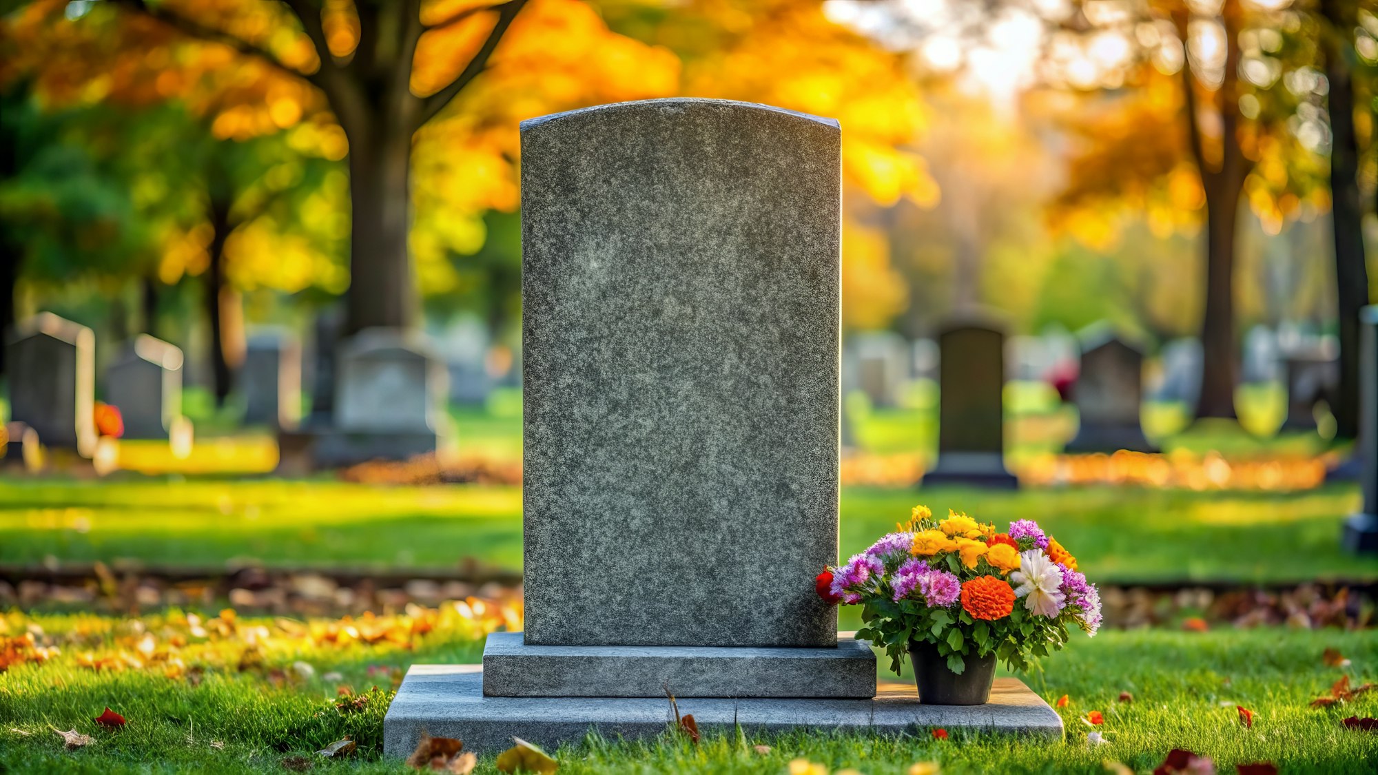 A gravestone with colorful flowers in a peaceful cemetery on a sunny autumn day.