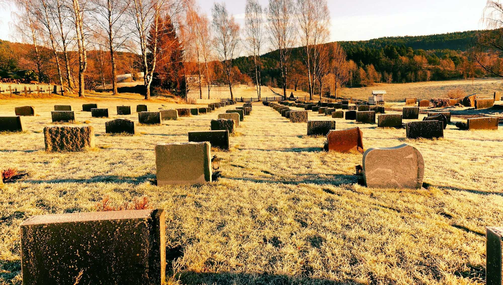 A frosty cemetery with rows of tombstones under a bright, clear sky surrounded by bare trees and distant hills.