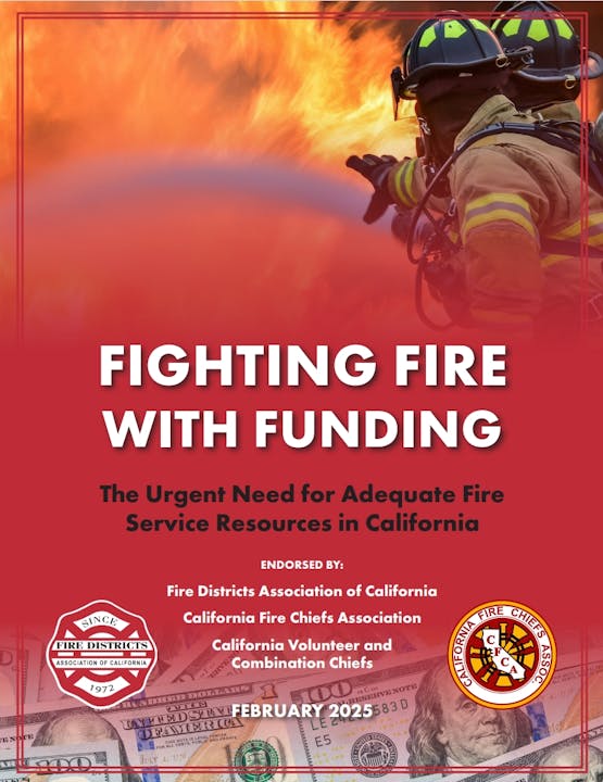 Firefighters battling flames, poster promoting fire service funding in California, endorsed by fire associations, dated February 2025.