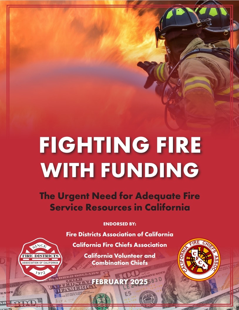 Firefighters battling flames, poster promoting fire service funding in California, endorsed by fire associations, dated February 2025.
