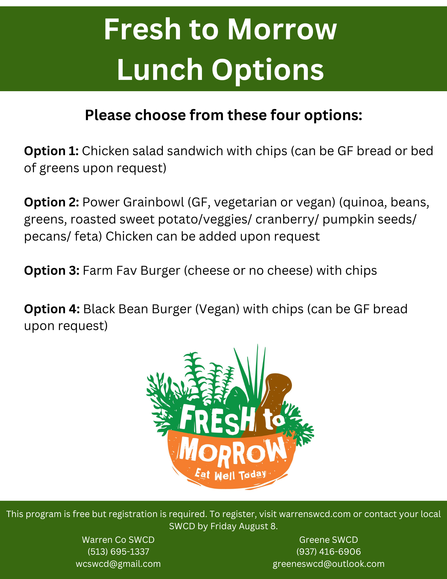 Lunch menu with 4 options: chicken salad, grain bowl, Farm Fav burger, black bean burger. Registration required.