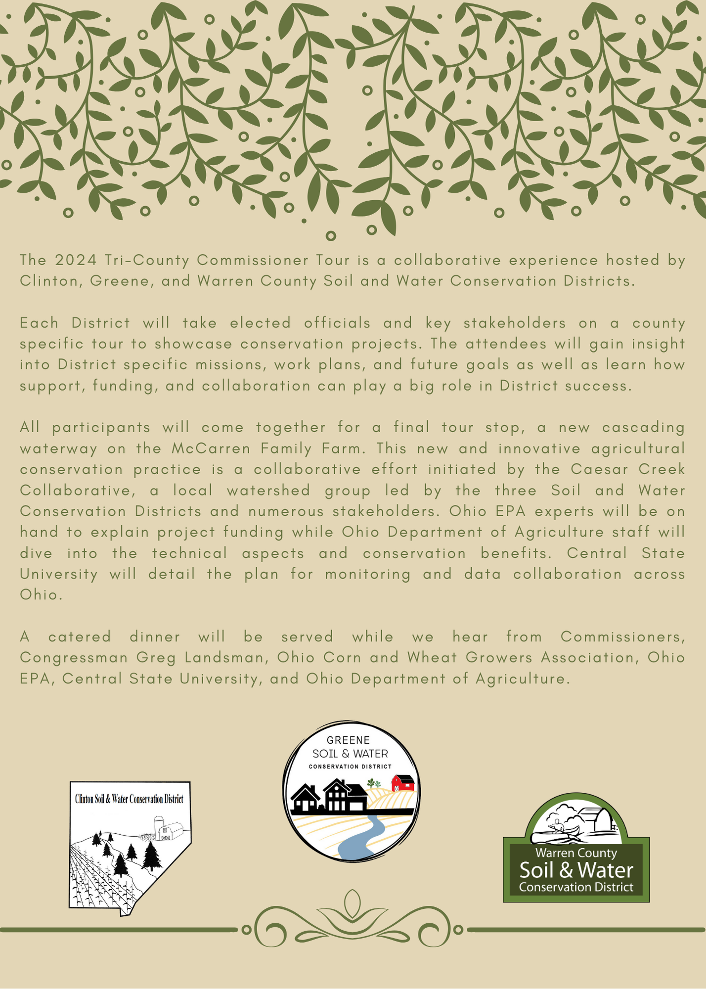 A flyer for the 2024 Tri-County Commissioner Tour by the Soil & Water Conservation Districts of Clinton, Greene, and Warren County.