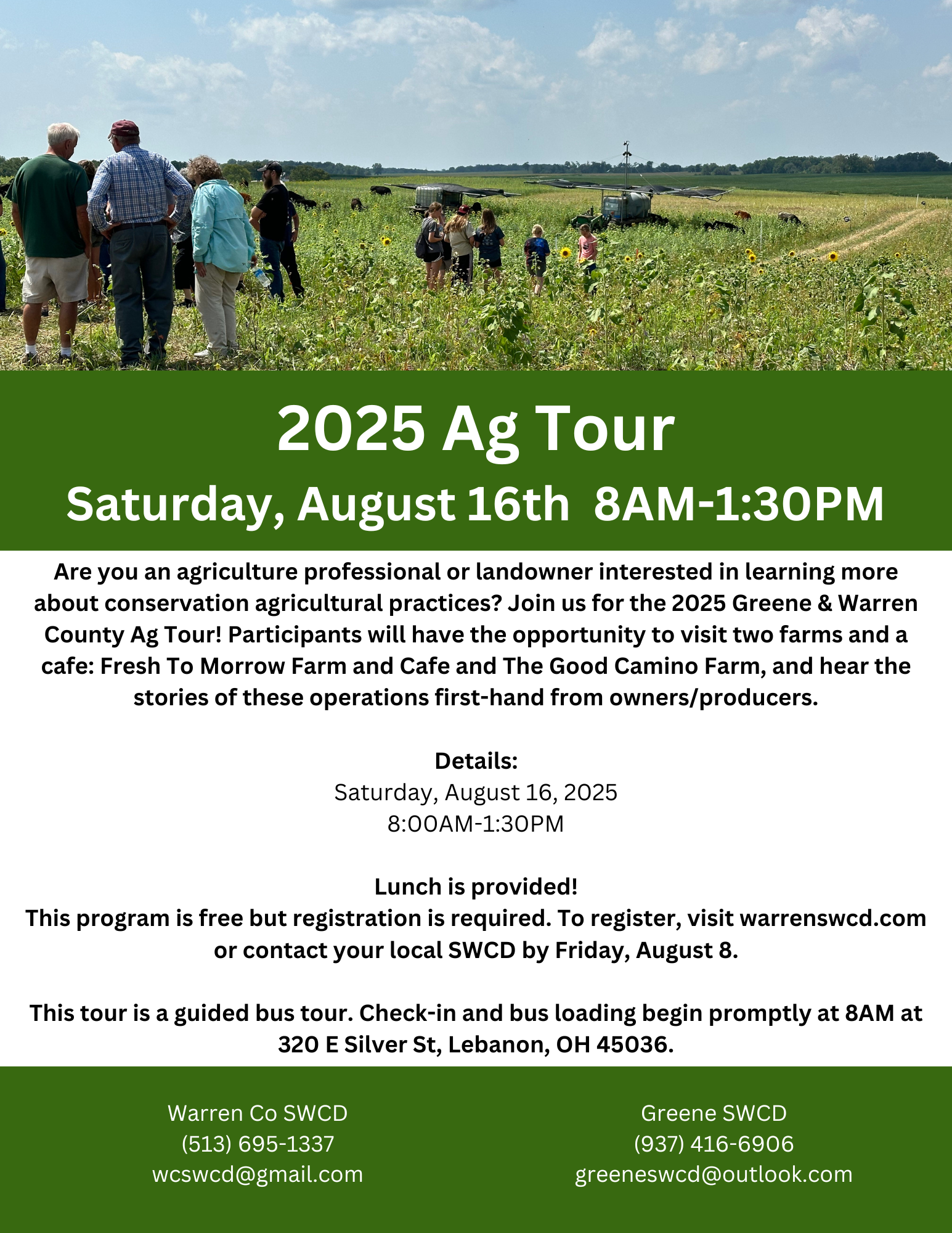 Ag tour on August 16, 2025, from 8AM-1:30PM. Visit farms, lunch provided. Register by August 8. 320 E Silver St, Lebanon, OH.