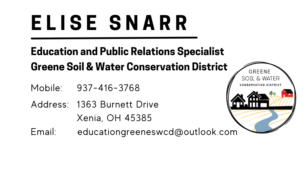 Business card for Elise Snarr, Education and PR Specialist at Greene Soil & Water Conservation District. Contact info included.