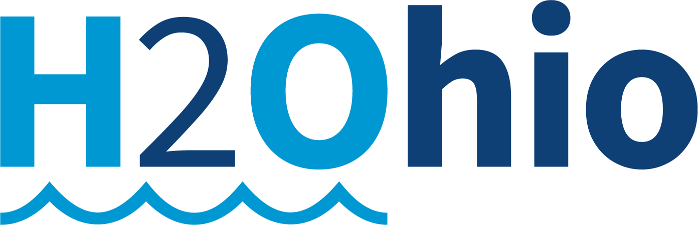 The image shows the logo "H2Ohio," combining water symbol (H2O) with the name Ohio, over wavy lines suggesting water.