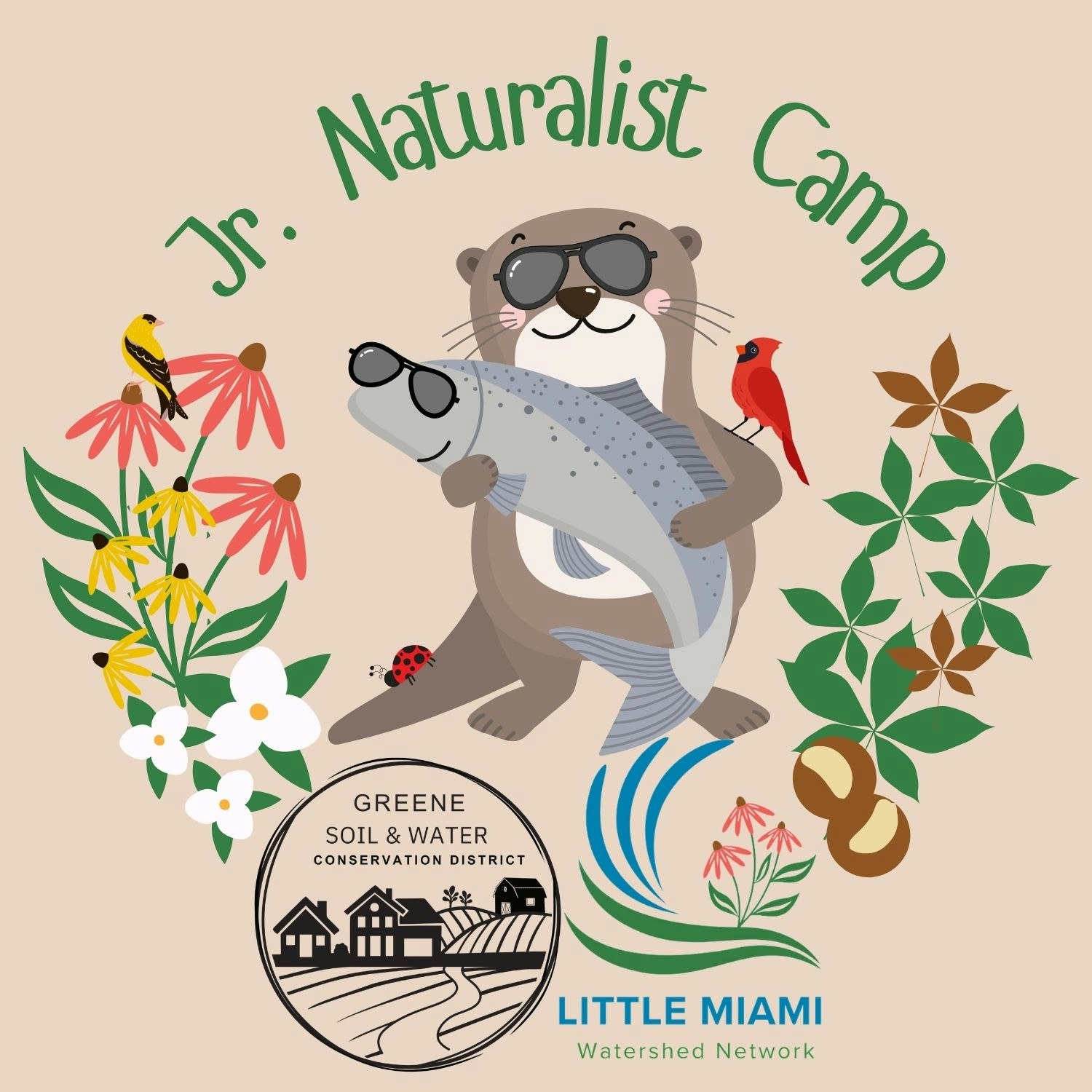 A cute otter in sunglasses holds a fish, surrounded by flowers and birds, promoting the Jr. Naturalist Camp by Greene Soil & Water.