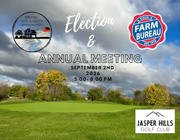 Announcement for the Greene Soil & Water Conservation District election and annual meeting on September 2, 2026, at Jasper Hills Golf Club.