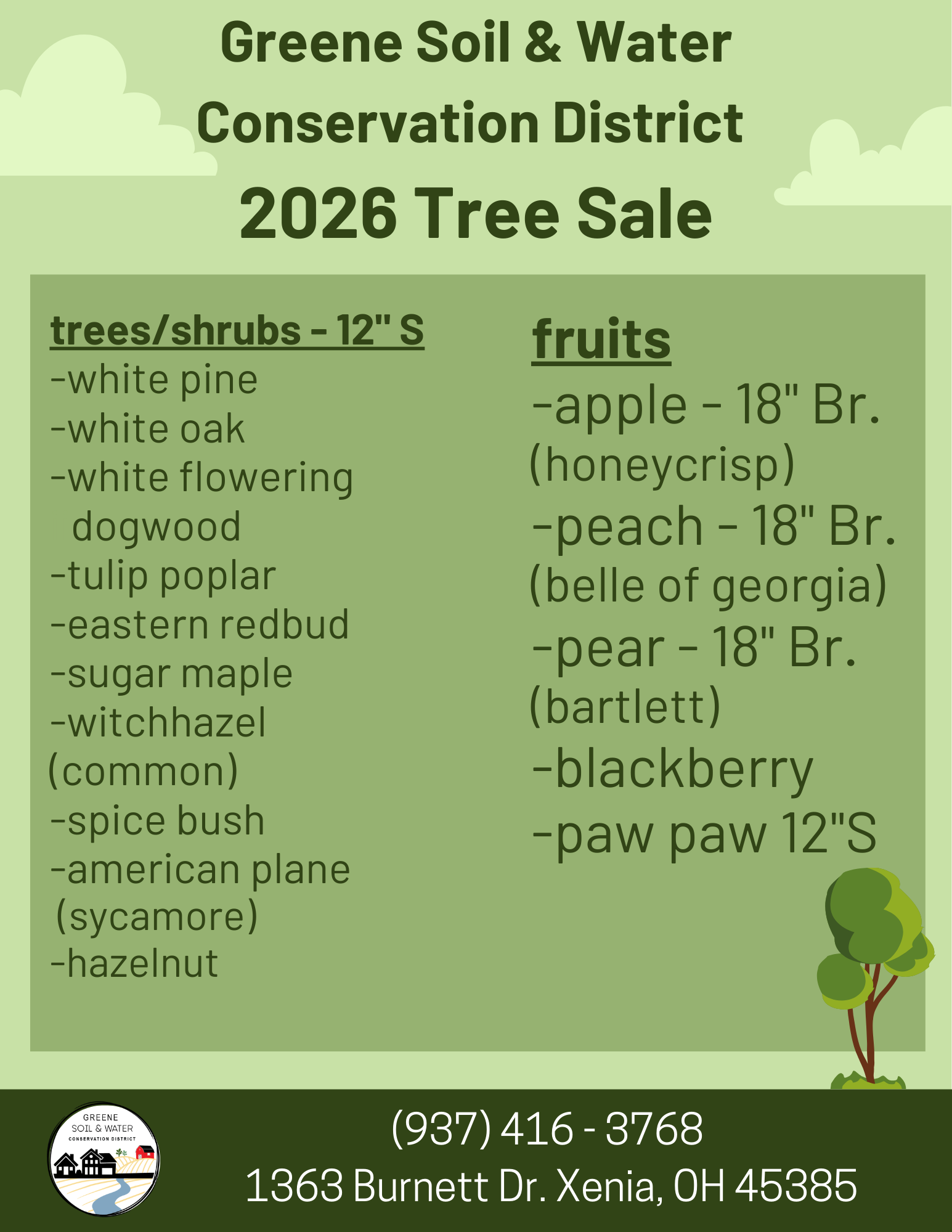 Greene Soil & Water Conservation District's 2026 Tree Sale offers various trees/shrubs and fruit options for planting.