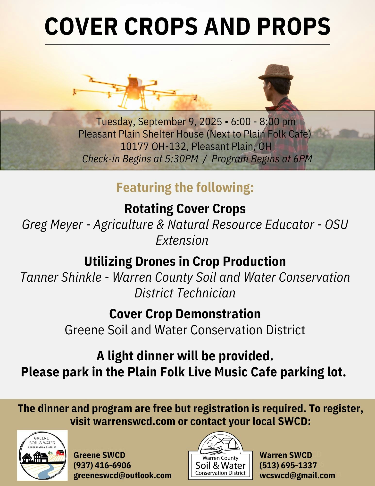 Cover Crops event on Sep 9, 2025, in Pleasant Plain, OH. Features talks on cover crops, drones in crop production, and a demo. Free dinner.