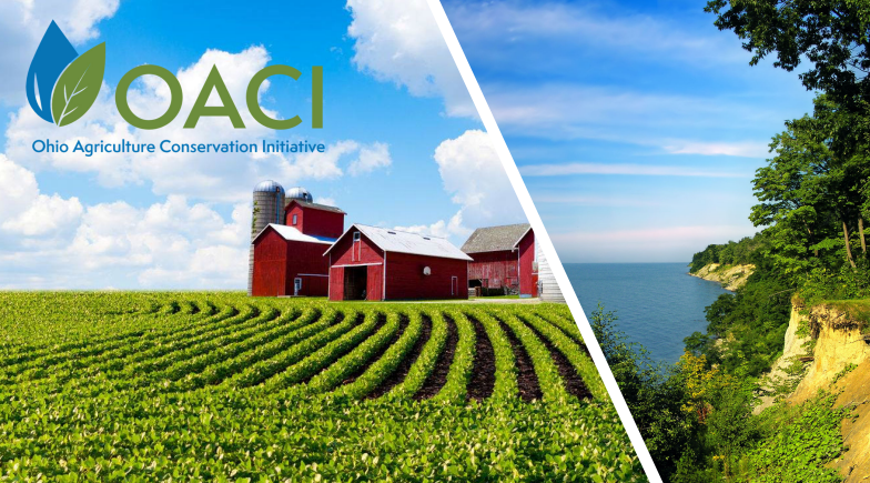 Agriculture fields with red barns, and a coastal cliff landscape, divided by a logo for "Ohio Agriculture Conservation Initiative."