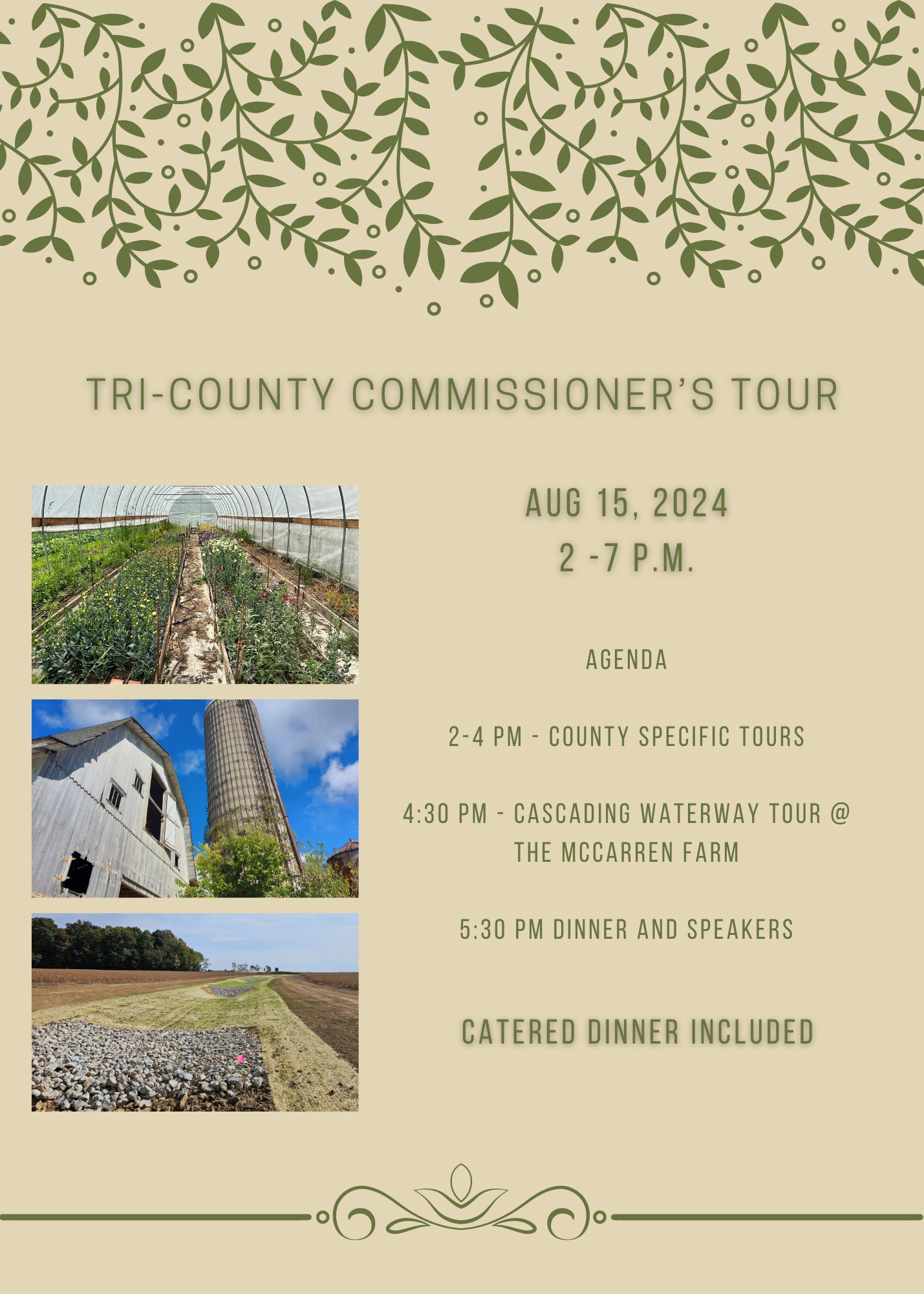 Leafy design with an event flyer for Tri-County Commissioner's Tour on Aug 15, 2024, including an agenda, photos of a greenhouse, barn, and a waterway.