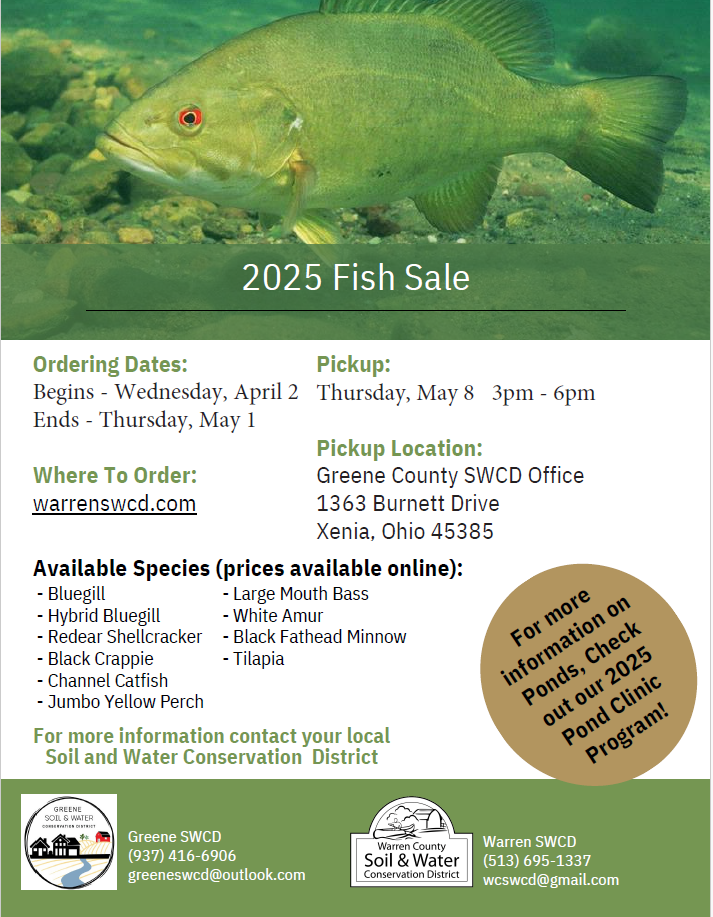 2025 Fish Sale: Order 4/2-5/1, Pickup 5/8, Greene County SWCD. Species: Bluegill, Bass, Catfish, etc. Details at warrenswcd.com.