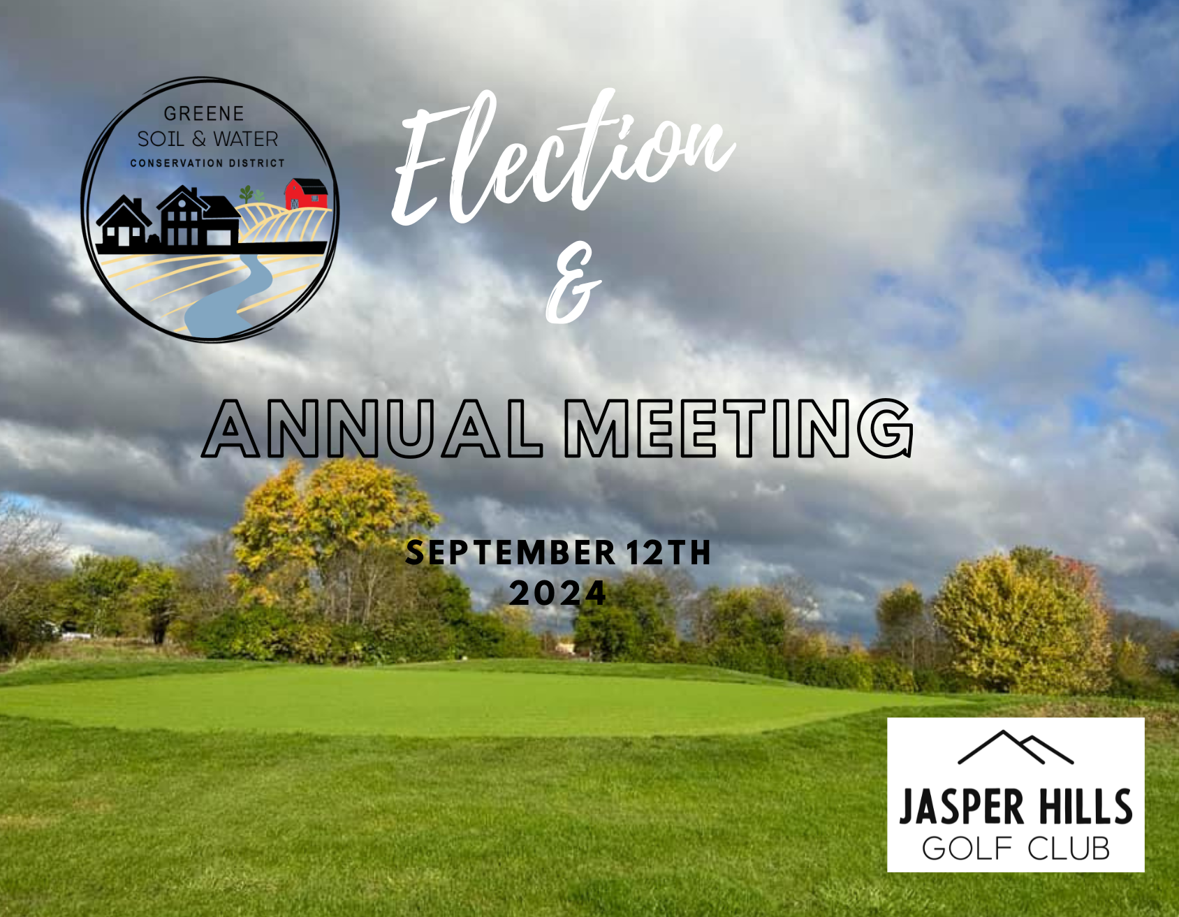 Advertisement for a conservation district election and annual meeting at a golf club on September 12th, 2024.