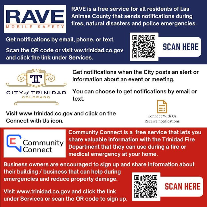 Ads for RAVE, City of Trinidad, and Community Connect services offering emergency notifications and resources via email, text, or QR code.