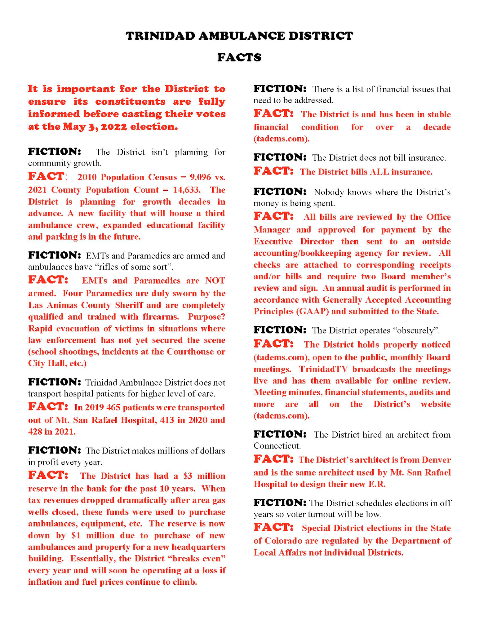 Trinidad Ambulance District clarifies facts vs. fiction about community growth, finances, billing, and operations for the May 3, 2022 election.