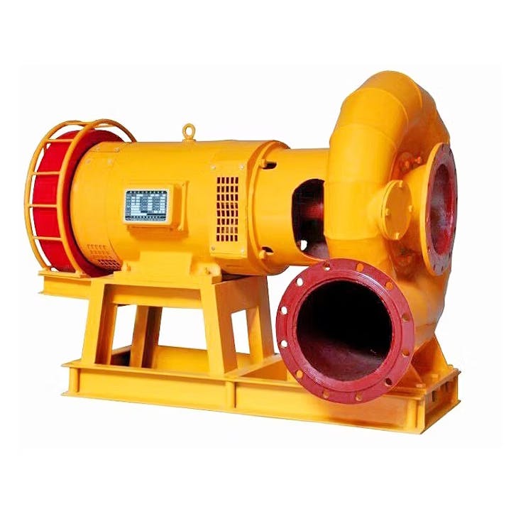 A large, industrial yellow centrifugal blower or fan on a stand, with visible pipes and vents.