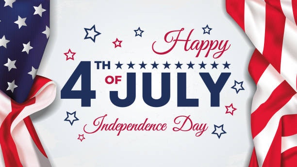 "Happy 4th of July Independence Day" text with patriotic red, white, and blue stars and stripes design.