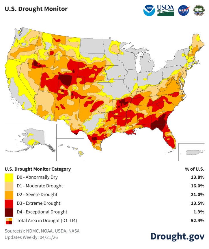 The image is a U.S. Drought Monitor map showing drought conditions across the U.S., categorized from abnormally dry to exceptional drought.