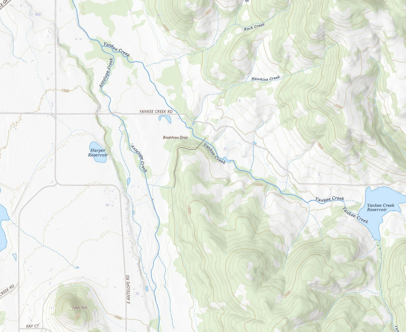Topographic map with creeks, roads, reservoirs, and elevation contours, including Yankee Creek, Antelope Creek, and Yankee Creek Reservoir.