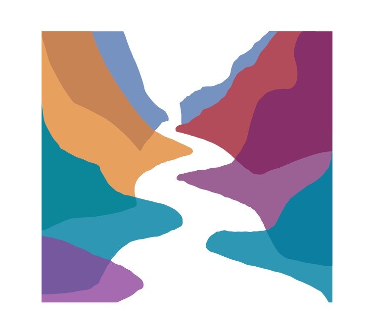 Abstract art with colorful, irregular shapes forming a white, winding path through the center.