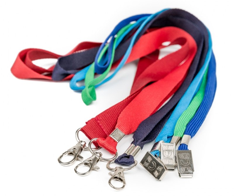 A collection of colorful lanyards with metal clips.