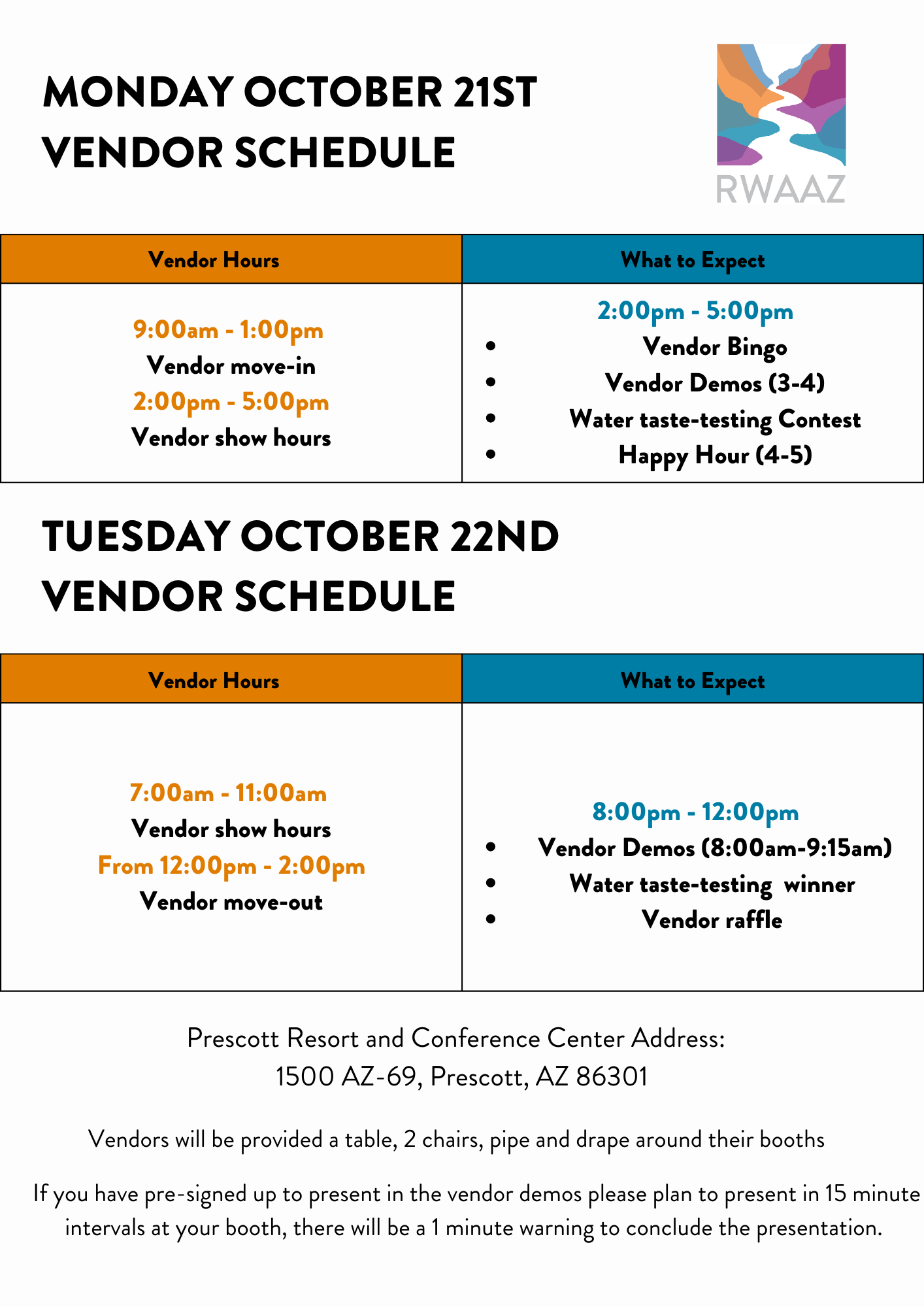 Vendor schedule for October 21-22 at Prescott Resort, AZ. Includes move-in, show hours, demos, contests, bingo, and a raffle.