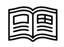 An open book icon with text lines and shapes on its pages.