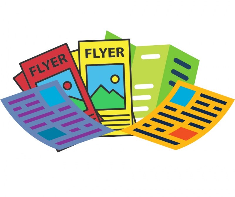 Illustration of colorful flyers and brochures scattered on a surface.