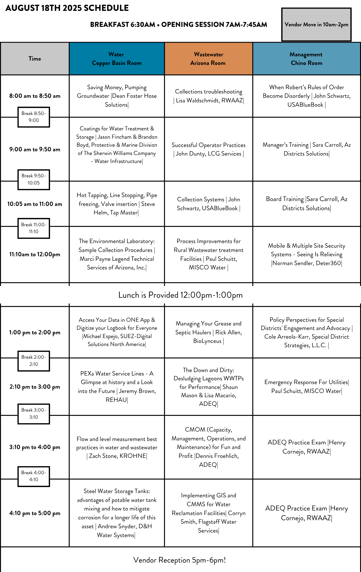Conference schedule for August 18, 2025, with sessions on water, wastewater, and management topics, followed by a vendor reception.