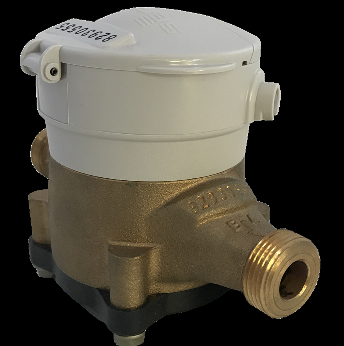 A water meter with a brass body and white top, featuring a digital display segment.