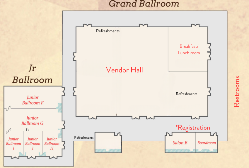 Map of a conference venue with a Grand Ballroom, Vendor Hall, Jr Ballroom, registration area, and restrooms.