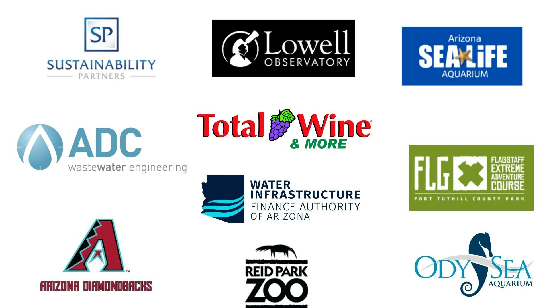 A collage of logos: Sustainability Partners, Lowell Observatory, SEA LIFE Aquarium, ADC, Total Wine, Arizona Diamondbacks, and more.