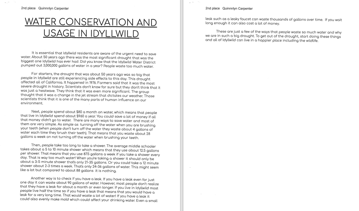 Essay on water conservation in Idyllwild, discussing drought impacts, habits like turning off water, fixing leaks, and minimizing shower time.