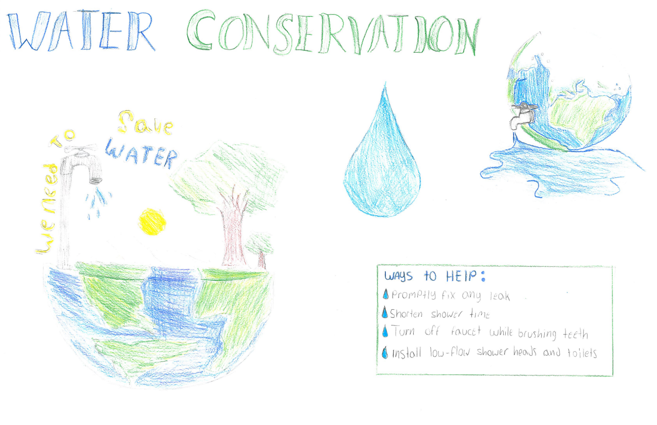 Poster promoting water conservation with tips: fix leaks, shorten showers, turn off taps, install low-flow fixtures; includes drawings of Earth and water.