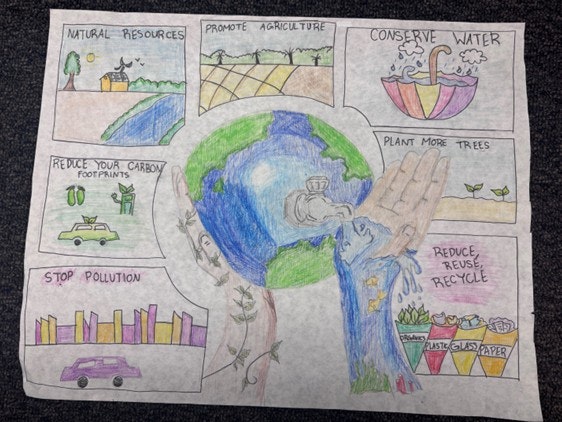 The image emphasizes environmental conservation with tips like conserving water, reducing pollution, planting trees, and recycling.