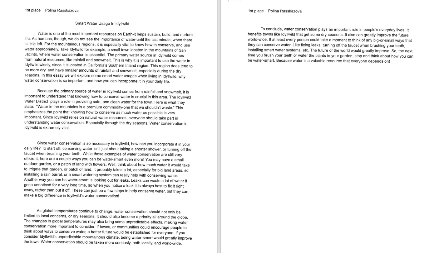 Essay on smart water usage in Idyllwild, emphasizing conservation methods due to dry seasons and reliance on natural resources.
