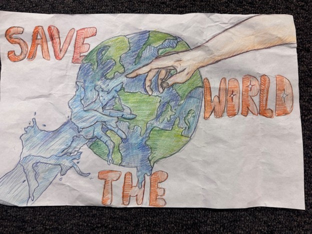 The image depicts a colorful illustration of the Earth, emphasizing a message to "SAVE THE WORLD" with a hand reaching out.