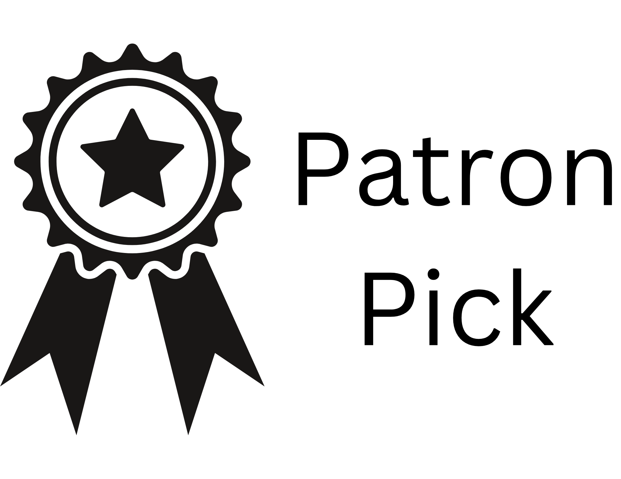A black and white badge with a star and ribbons alongside the text "Patron Pick."