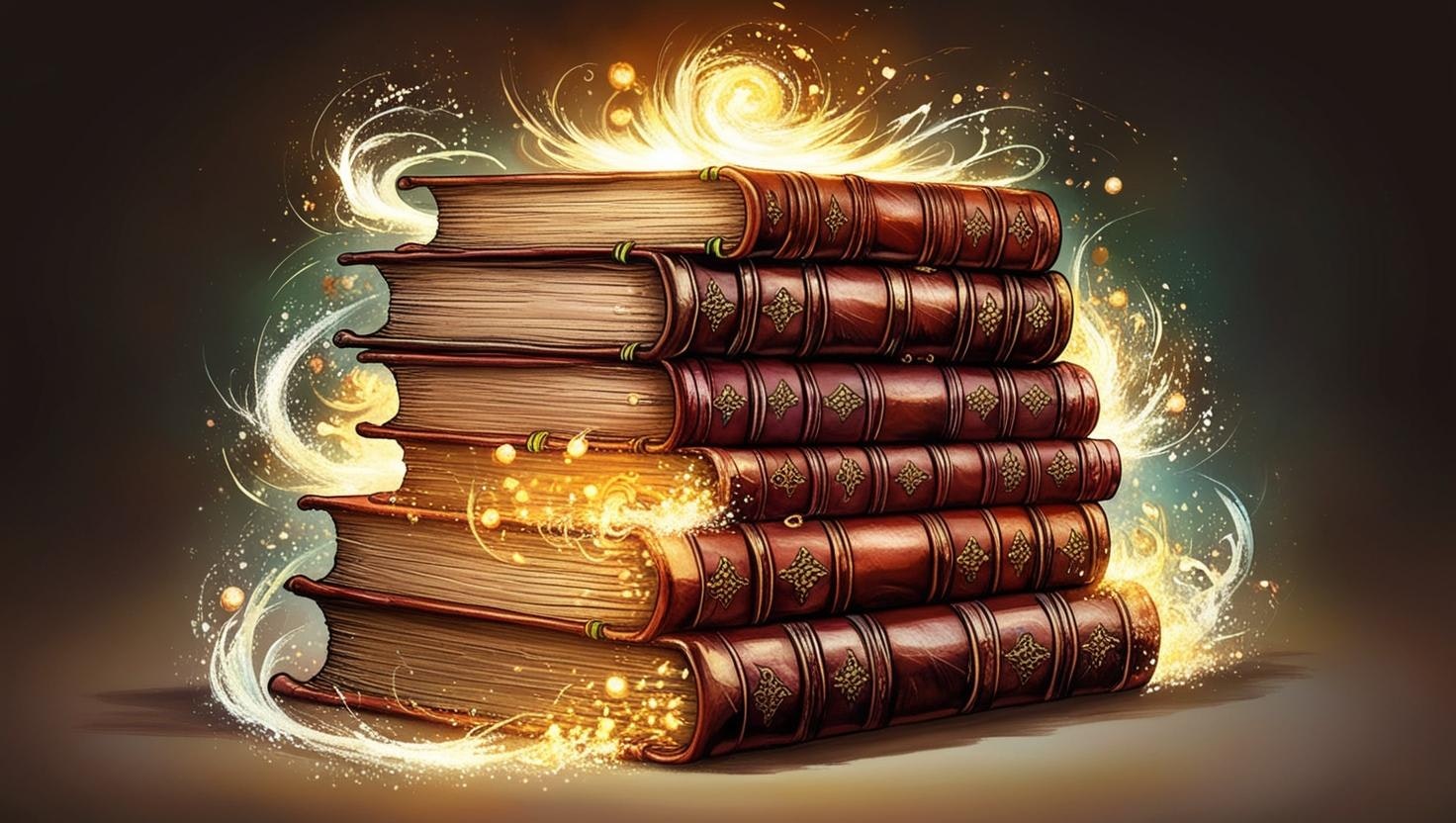 A stack of glowing, old leather-bound books with magical swirls and lights around them.