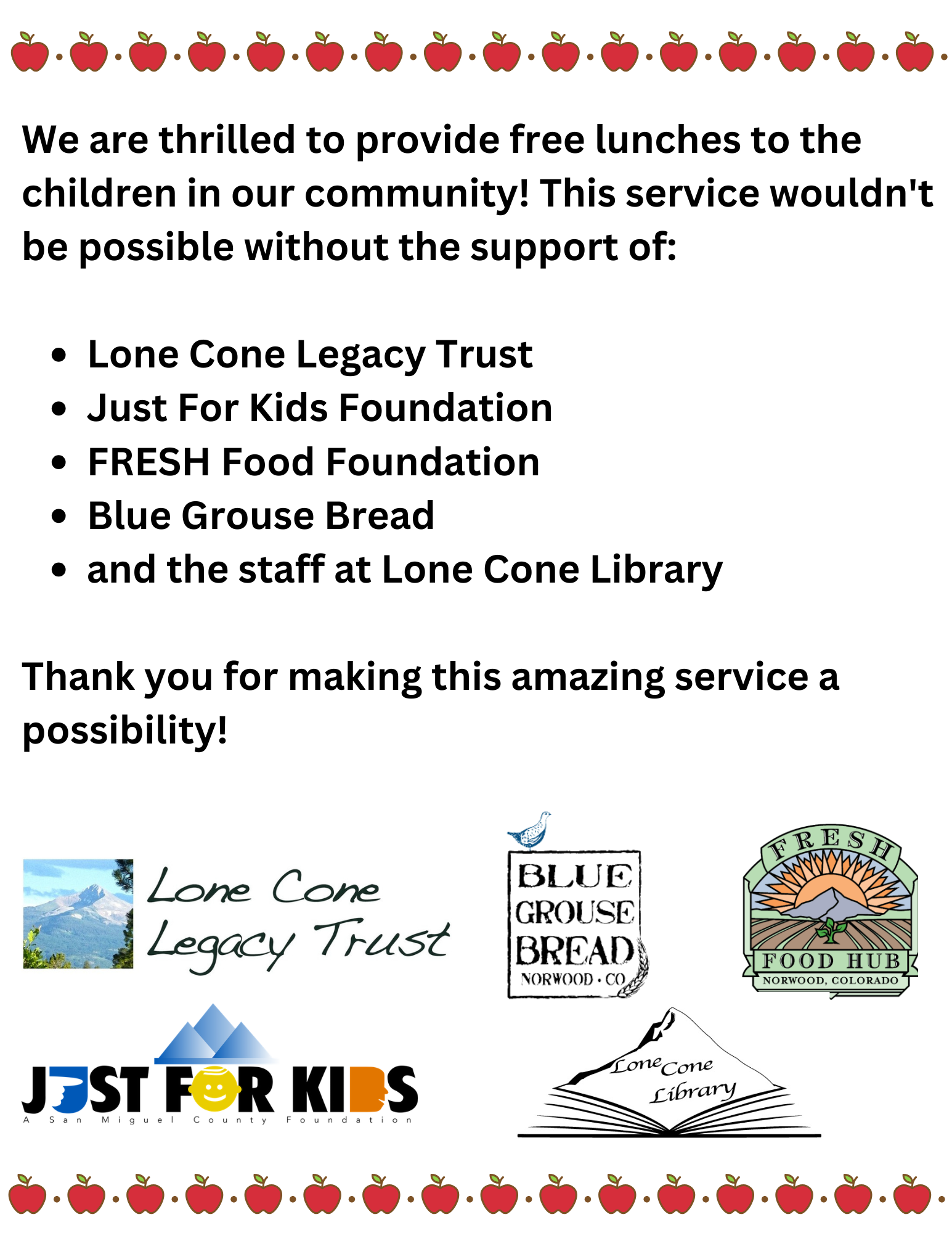 Announcement of free lunches for kids with support from local organizations and sponsors.
