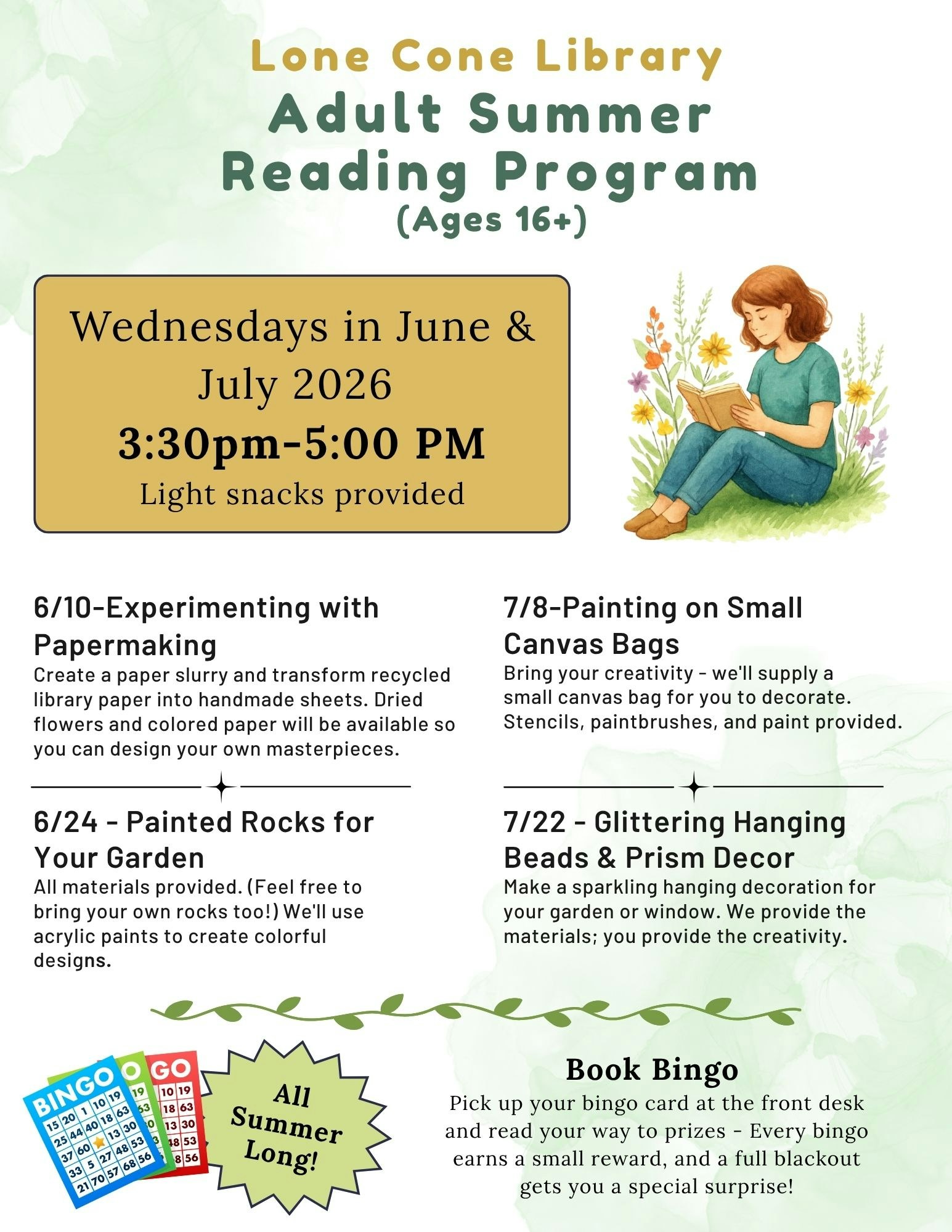 Lone Cone Library hosts an Adult Summer Reading Program with creative activities, Wednesdays in June & July 2026. Snacks provided!