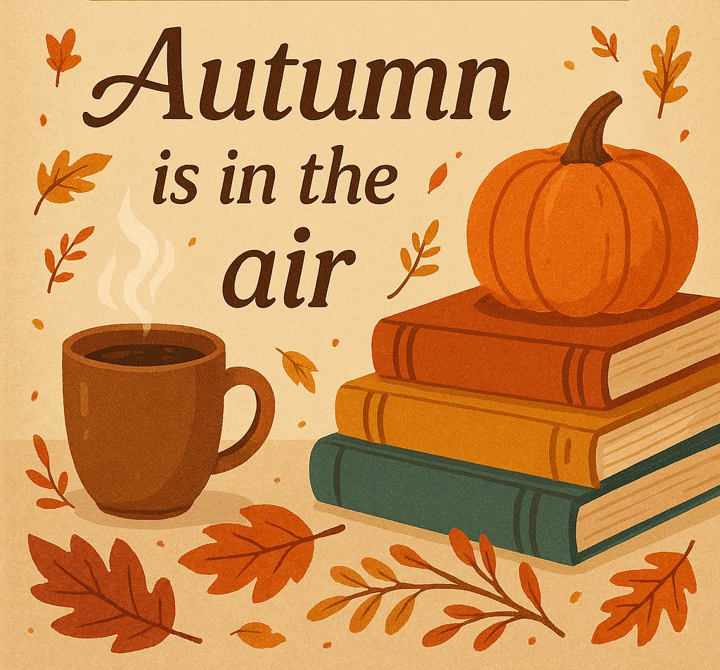 "Lone Cone Library" poster with autumn leaves, pumpkin, books, and a steaming cup. Text reads: "Autumn is in the air."
