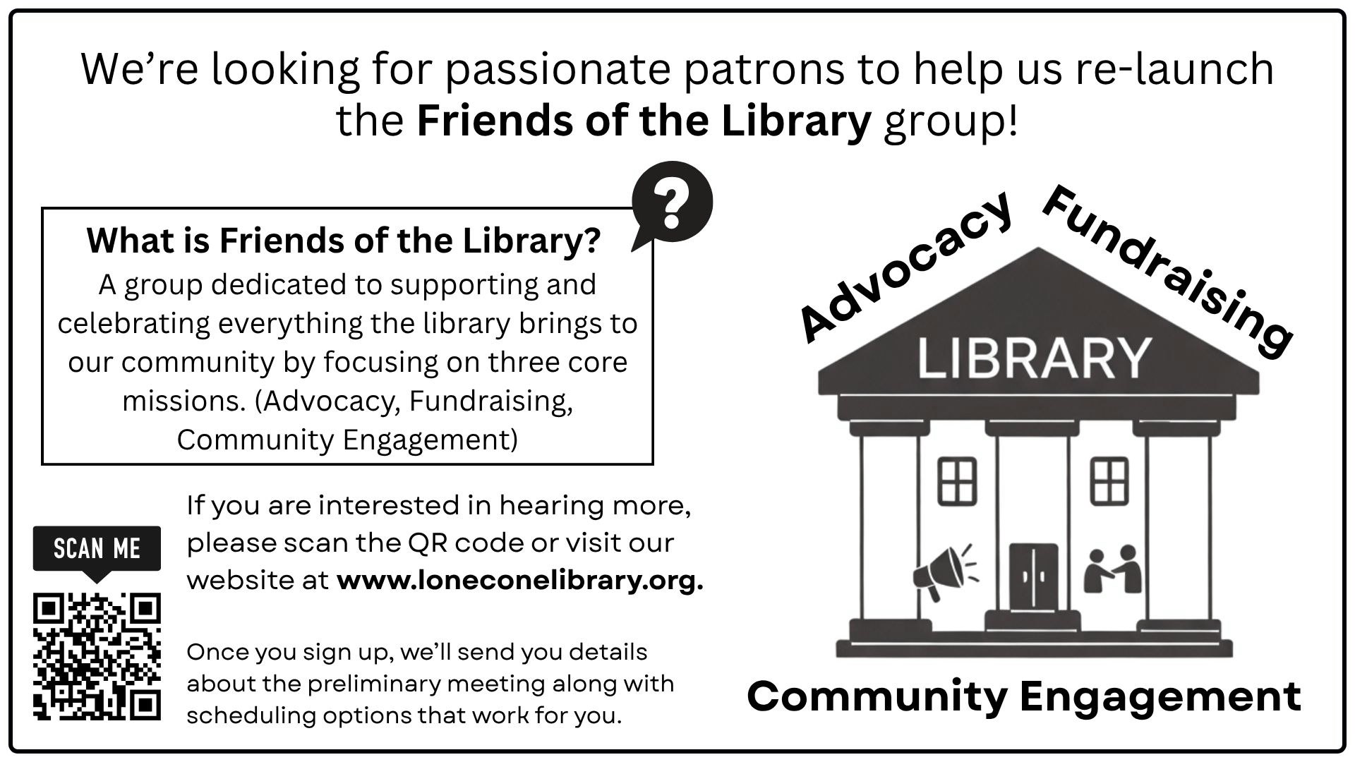Flyer inviting patrons to join the Friends of the Library for advocacy, fundraising, and community engagement. QR code included.