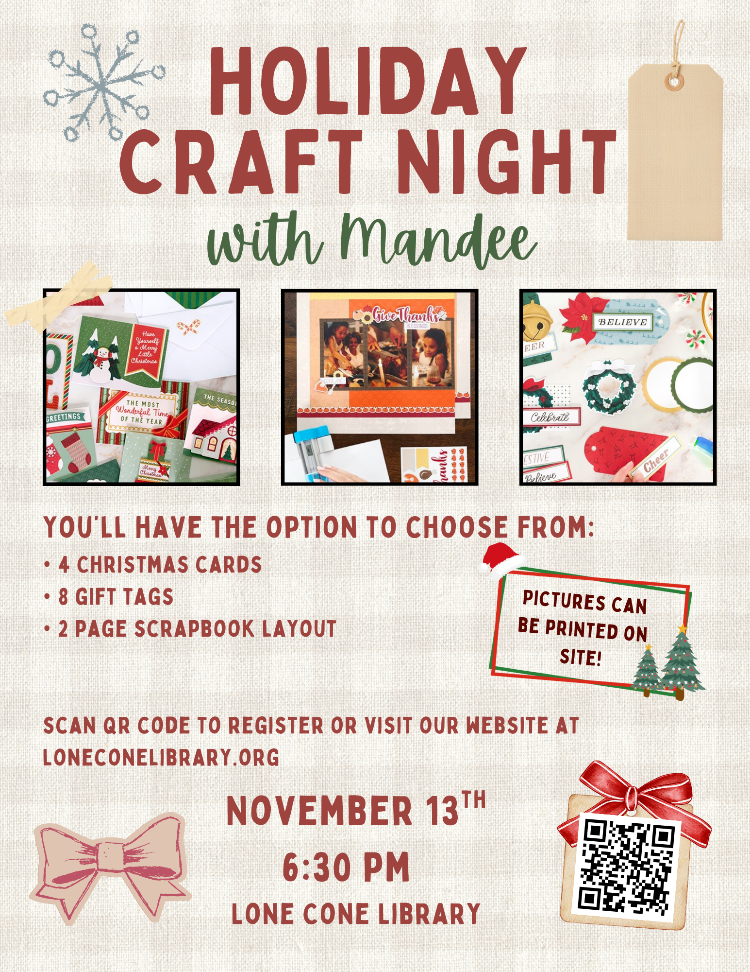 Holiday Craft Night event details with card images, options for cards, tags, scrapbook. Scheduled for November 13, 6:30 PM, Lone Cone Library.