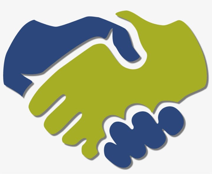 A stylized graphic of a handshake forming a puzzle piece.