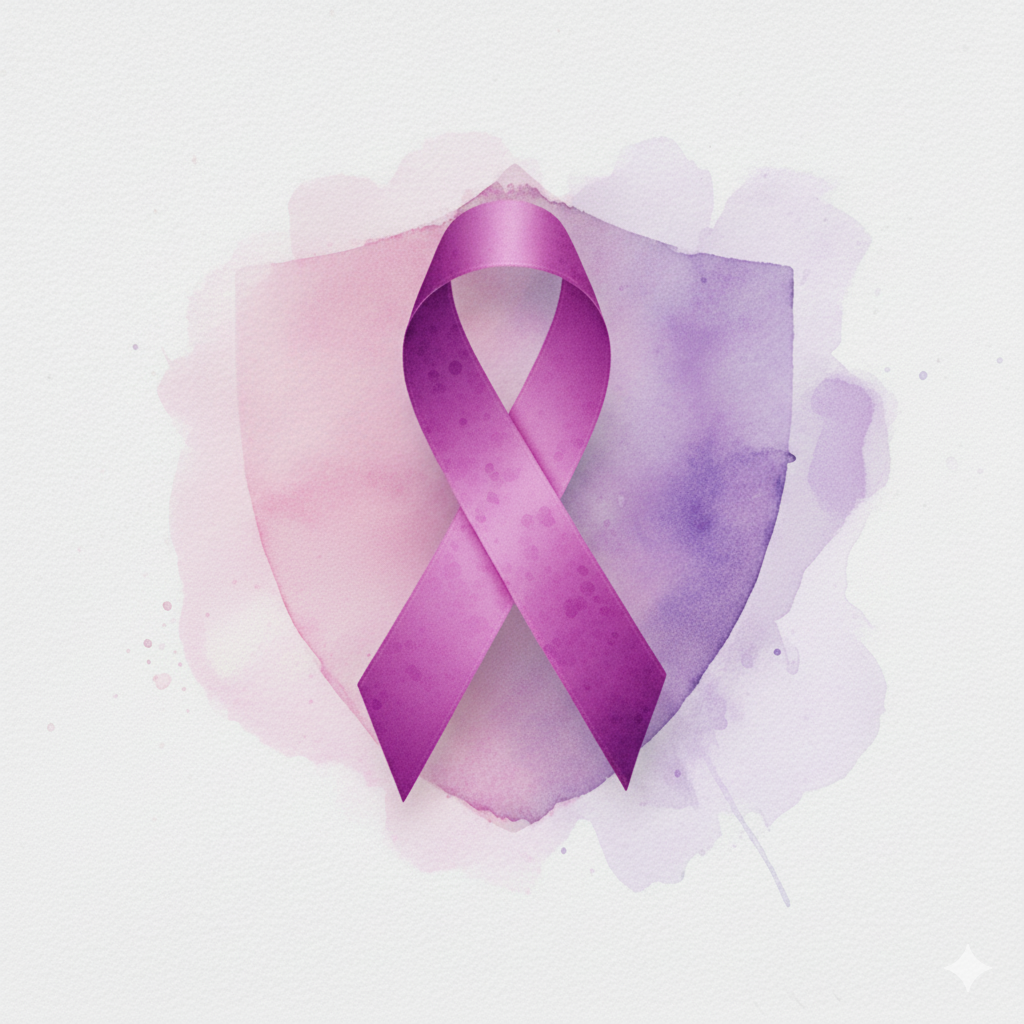 A purple awareness ribbon on a watercolor background.